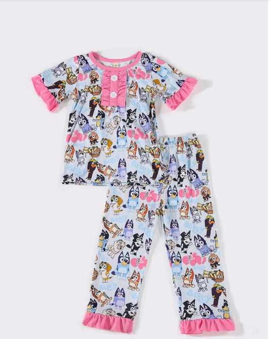 RTS Blue Girl Pink Ruffles Pajamas